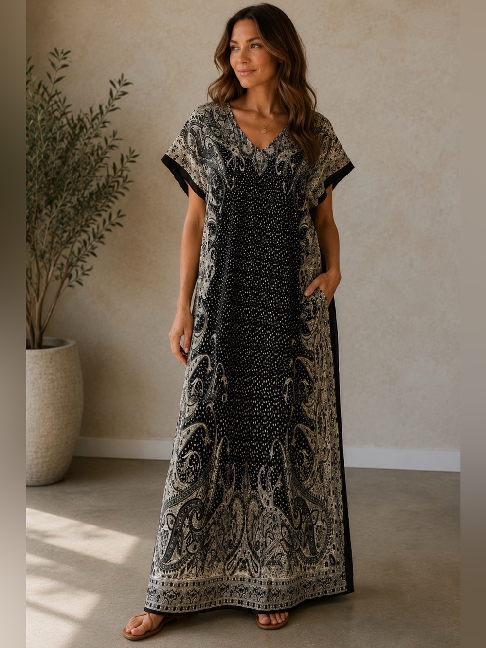 Vintage Speed Control Dress Womens 1X Navy Chiffon Kaftan Paisley Maxi Boho